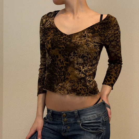 Vintage Y2K Leopard Print Top – Brown Long Sleeve V-Neck (S)