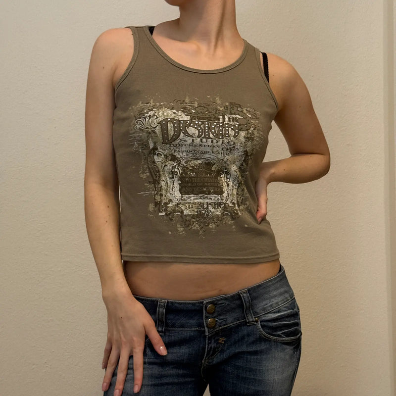 Y2K Distressed Graphic Tank Top – Khaki Ribbed Sleeveless Tee (XS/S)