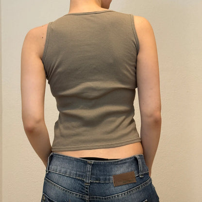 Y2K Distressed Graphic Tank Top – Khaki Ribbed Sleeveless Tee (XS/S)