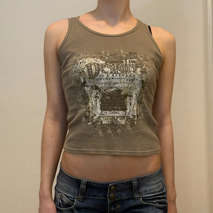 Y2K Distressed Graphic Tank Top – Khaki Ribbed Sleeveless Tee (XS/S)