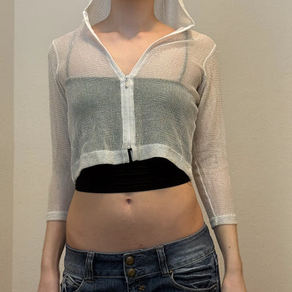 Sweat à capuche zippé en maille blanche Y2K – Cache-maillot court transparent (XS/S)