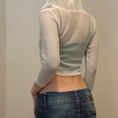 Sweat à capuche zippé en maille blanche Y2K – Cache-maillot court transparent (XS/S)