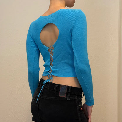 Blue Knit Long Sleeve Crop Top – Minimalist Y2K Stretch Sweater (S)