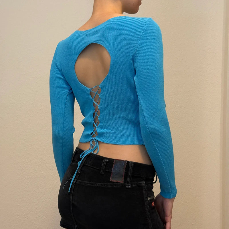 Blue Knit Long Sleeve Crop Top – Minimalist Y2K Stretch Sweater (S)