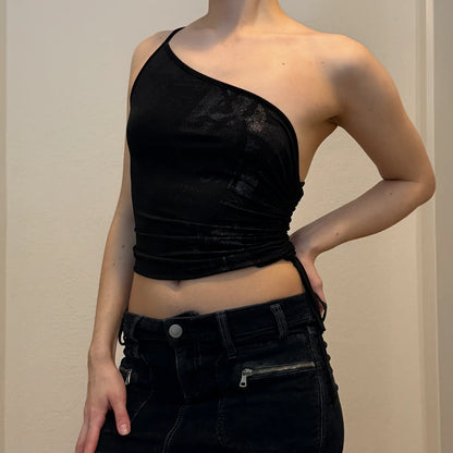 Black One-Shoulder Mesh Top – Vintage Y2K Asymmetric Cami (XS/S)