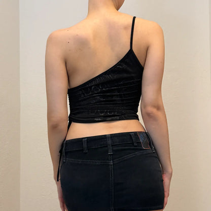 Black One-Shoulder Mesh Top – Vintage Y2K Asymmetric Cami (XS/S)