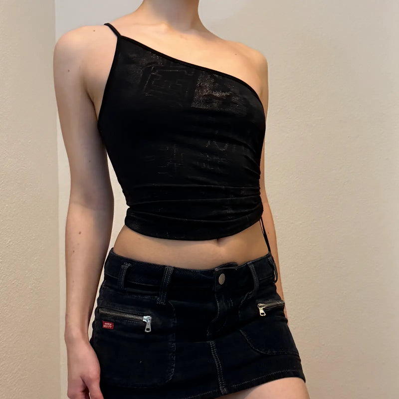 Black One-Shoulder Mesh Top – Vintage Y2K Asymmetric Cami (XS/S)