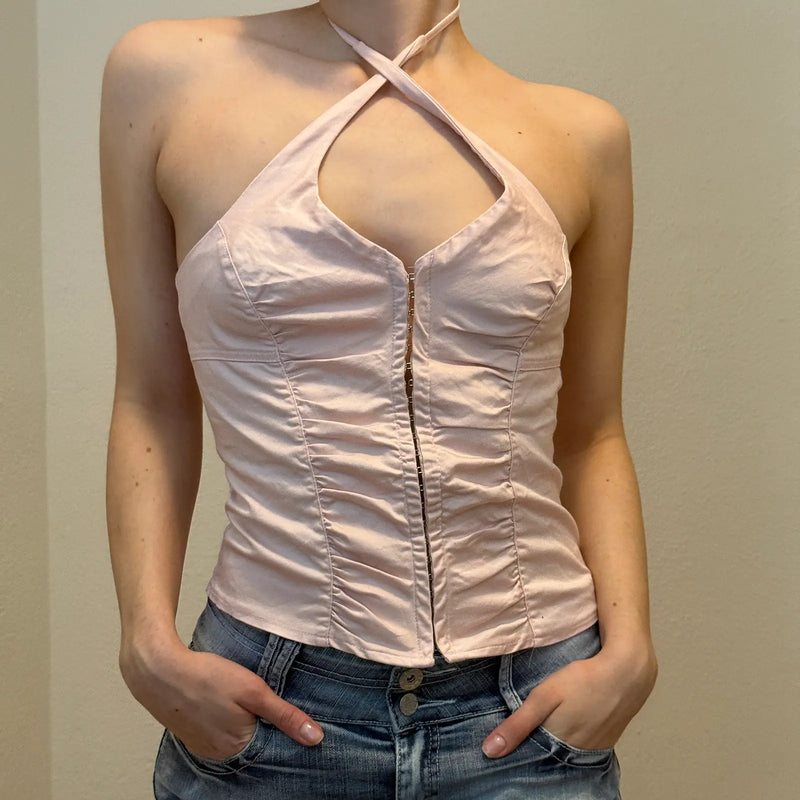 Y2K Pink Halter Top – Ruched Corset Style (S)