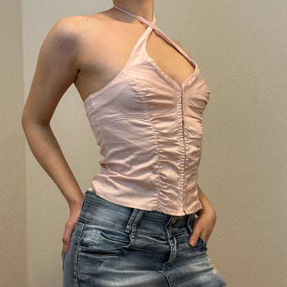 Y2K Pink Halter Top – Ruched Corset Style (S)