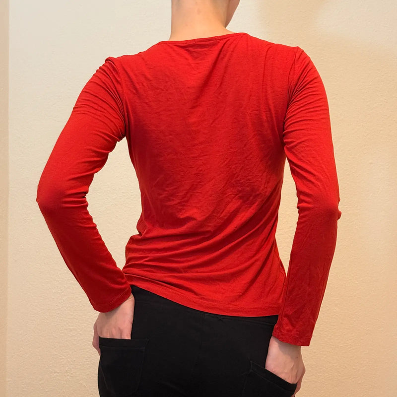 Haut rouge vintage à manches longues – Devant froncé style Y2K (P/M)