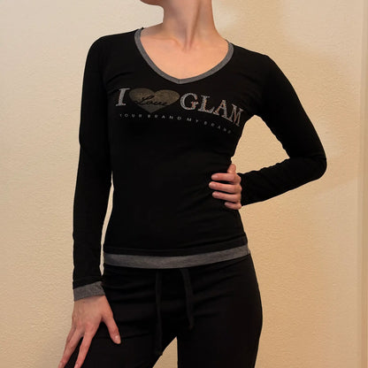 Black Long Sleeve Top – "I Love Glam" Y2K Glitter Print (S)