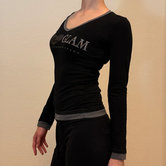Black Long Sleeve Top – "I Love Glam" Y2K Glitter Print (S)