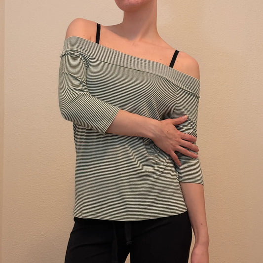 Striped Off-Shoulder 3/4 Sleeve Top – Casual Y2K Minimalist (S)