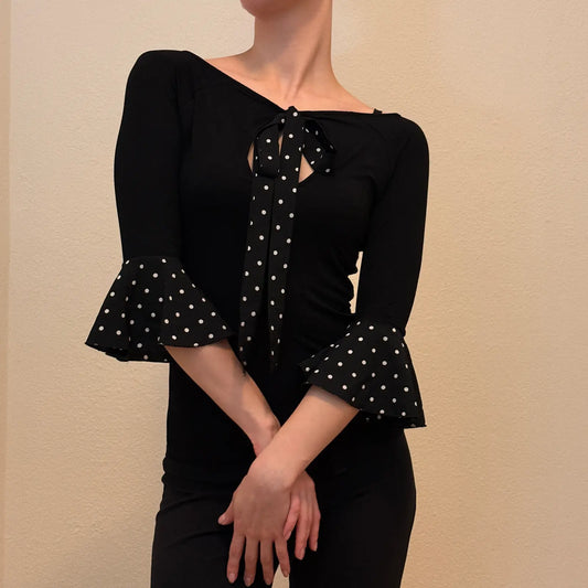 Denny Rose Coquette Black Bow Polka Dot Top – Vintage Y2K Romantic Style (S/M)