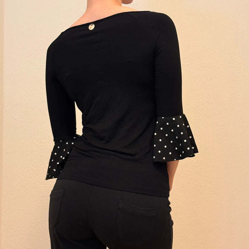 Haut noir à pois et nœud Coquette – Style romantique vintage des années 2000 (S)