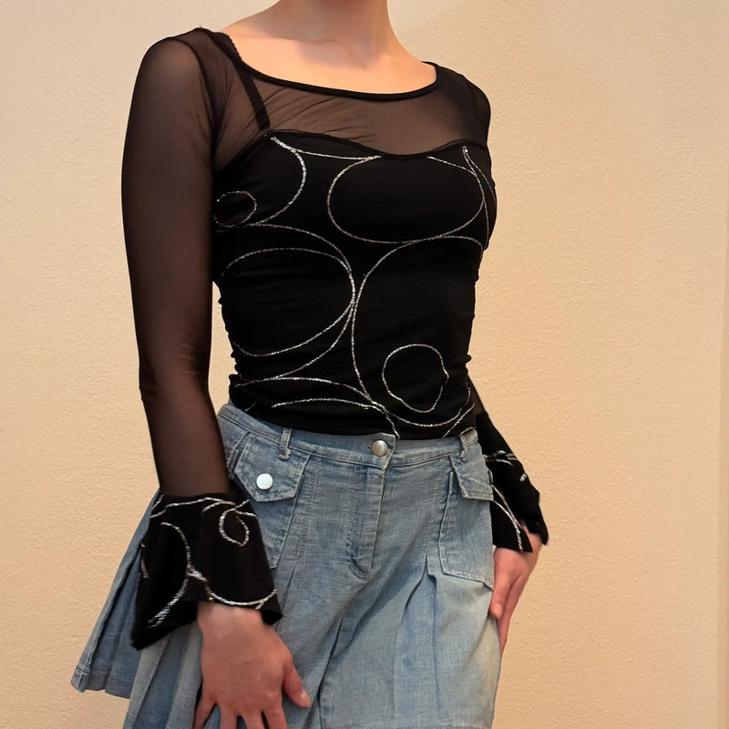 Y2K Black Sheer Mesh Long Sleeve Top with Silver Swirls & Bell Sleeves (S)