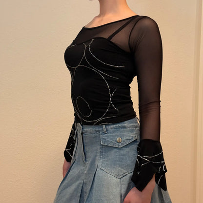 Y2K Black Sheer Mesh Long Sleeve Top with Silver Swirls & Bell Sleeves (S)