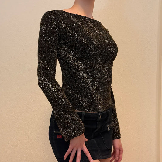 Y2K Black & Gold Shimmer Long Sleeve Top – Vintage Partywear (S)