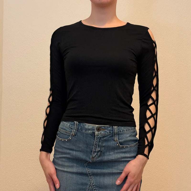 Vintage Y2K Black Cut Out Sleeve Top – Long Sleeve Lattice Clubwear Shirt (S)
