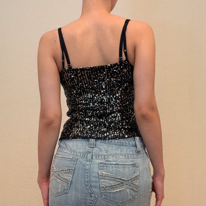 Black Sequin Camisole – Vintage Y2K Party Tank Top (S)