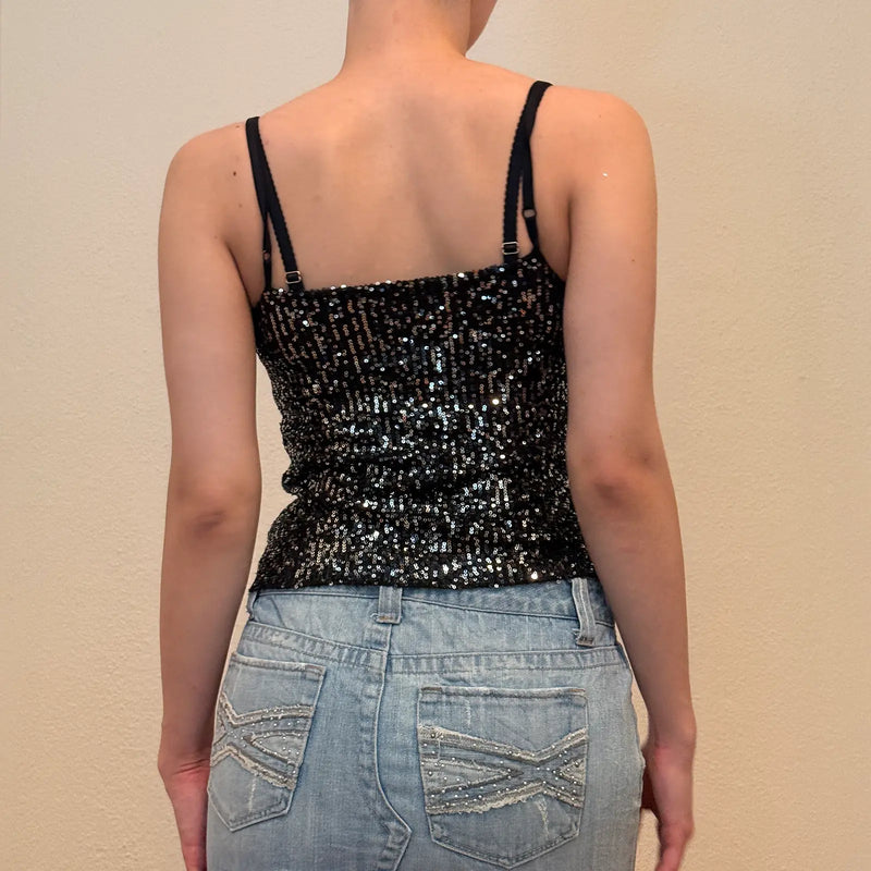 Black Sequin Camisole – Vintage Y2K Party Tank Top (S)