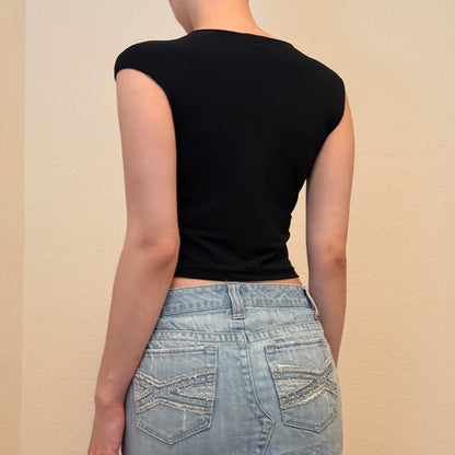 Black Lightning Rhinestone Tank – Vintage Y2K Fitted Top (S)