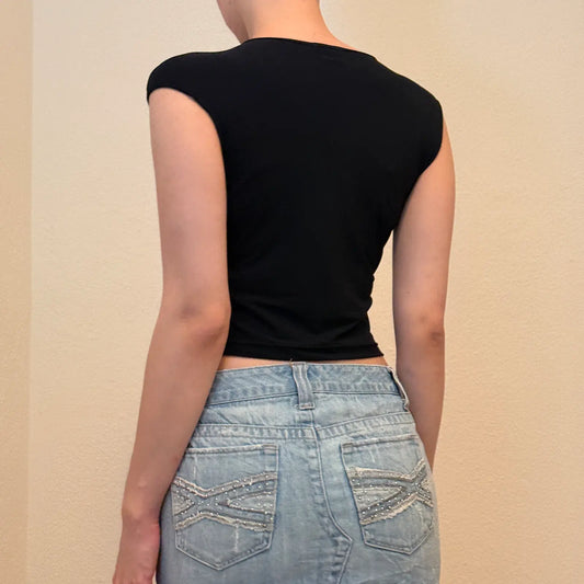 Black Lightning Rhinestone Tank – Vintage Y2K Fitted Top (S)