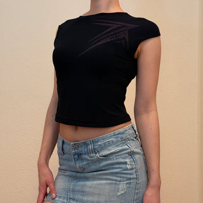 Black Lightning Rhinestone Tank – Vintage Y2K Fitted Top (S)