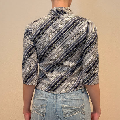 Striped Zip-Up Collared Top – Retro Long Sleeve Shirt (S)