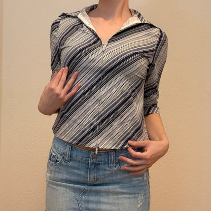 Striped Zip-Up Collared Top – Retro Long Sleeve Shirt (S)