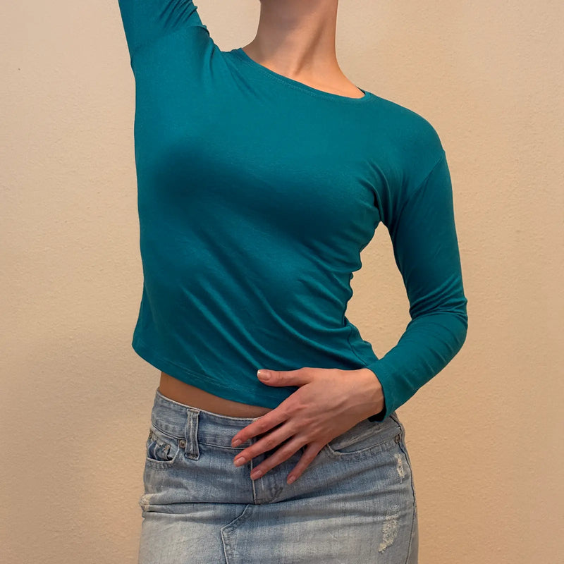 Teal Long Sleeve Fitted Top – Minimalist Y2K Basic (S)