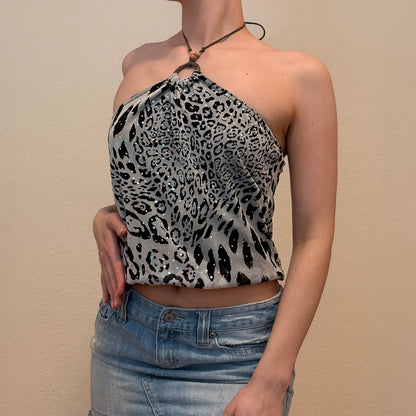 Leopard Print Halter Top with Ring Detail – Y2K Party Style (S)