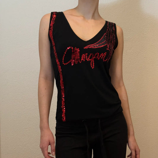 Morgan de Toi Vintage Top with Red Sequin Logo – Y2K Glam (S/M)