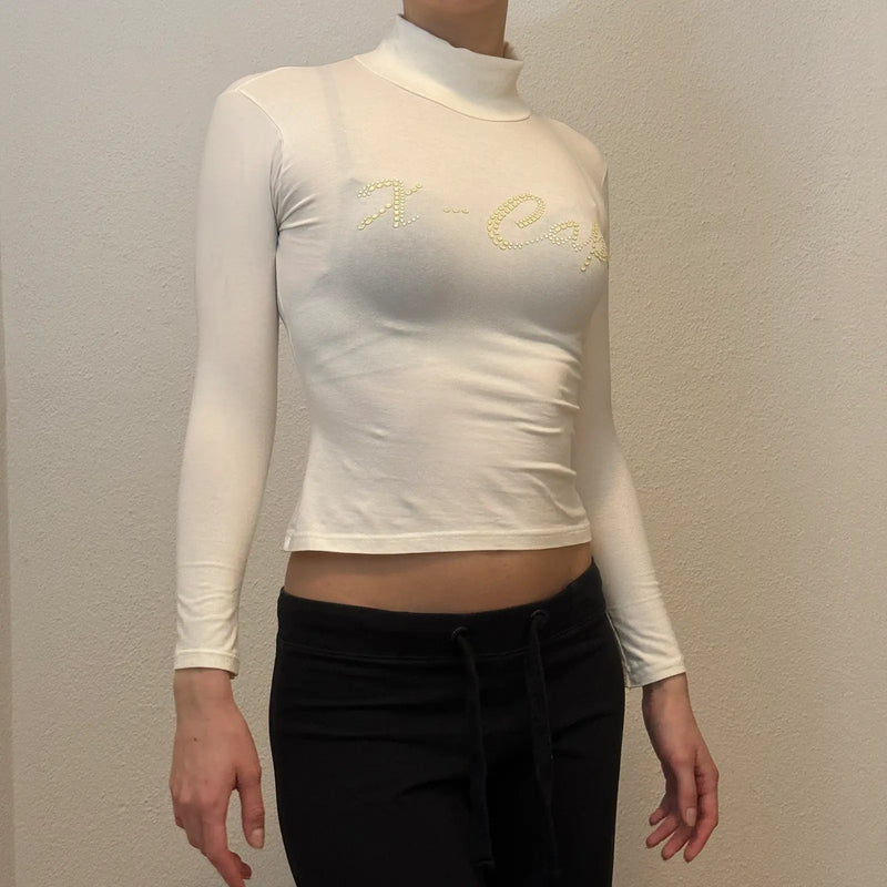 Y2K White Rhinestone Logo Mock Neck Long Sleeve Top - X-Cape (S)