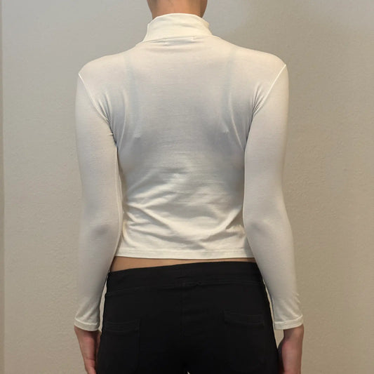Y2K White Rhinestone Logo Mock Neck Long Sleeve Top - X-Cape (S)