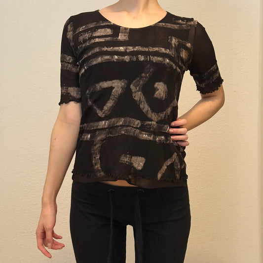 2000s Sheer Black Abstract Print Mesh Top – Short Sleeve (S)