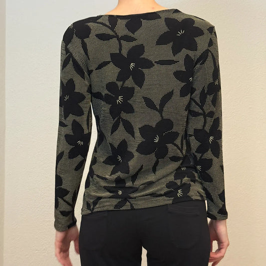 Black & Beige Floral Long Sleeve Mesh-Look Top – Vintage 2000s (S)