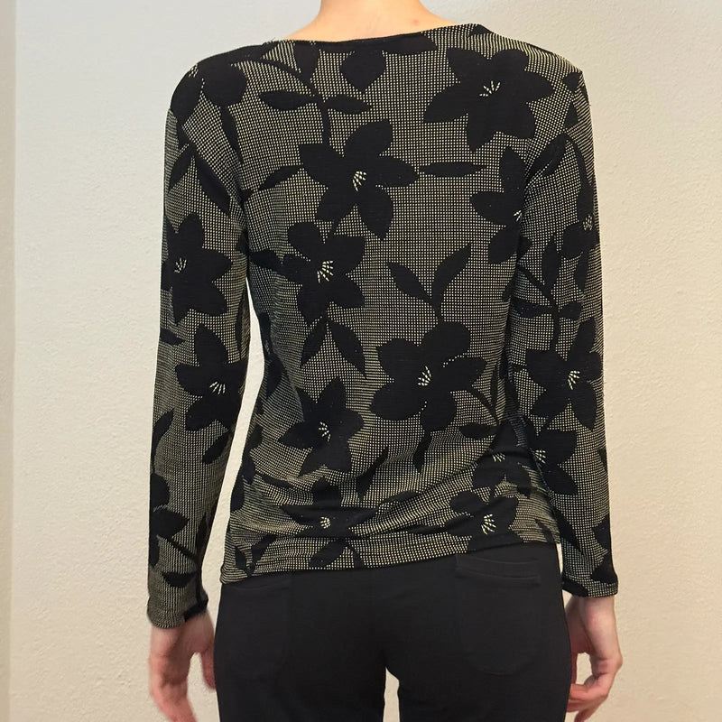 Black & Beige Floral Long Sleeve Mesh-Look Top – Vintage 2000s (S)