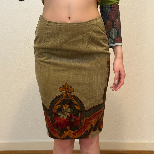 Vintage Olive Corduroy Skirt with Tapestry Floral Embroidery (S)