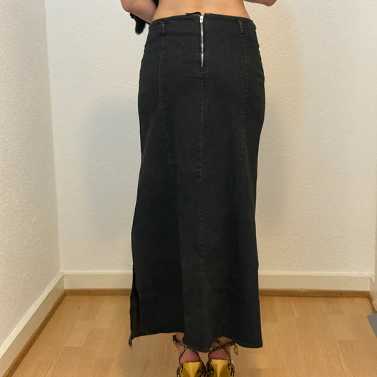 Vintage Black Denim Maxi Skirt with Slit (S)