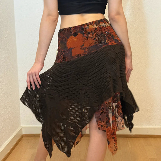 Asymmetrical Mesh & Floral Skirt - Y2K Boho Style (S)