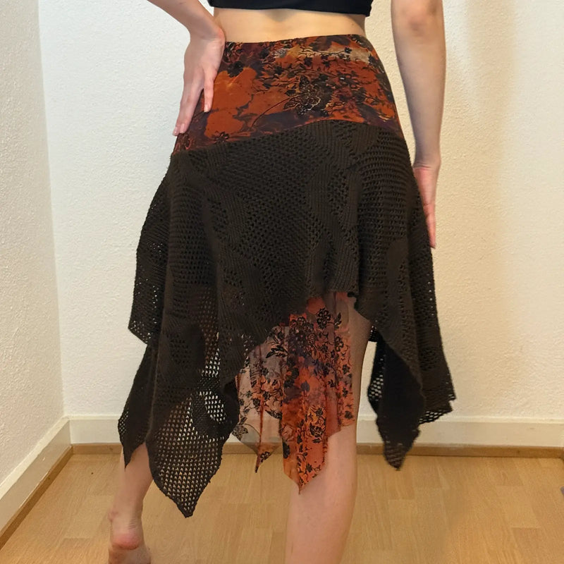 Asymmetrical Mesh & Floral Skirt - Y2K Boho Style (S)