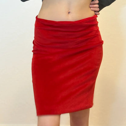 Vintage Y2K Red Velvet Bodycon Skirt – Stretchy Mini/Midi (S)