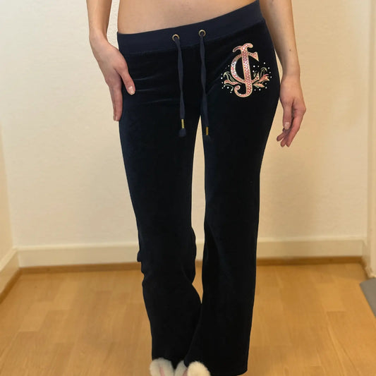 Vintage Y2K Juicy Couture Navy Velour Pants – Rhinestone J (XS/S)