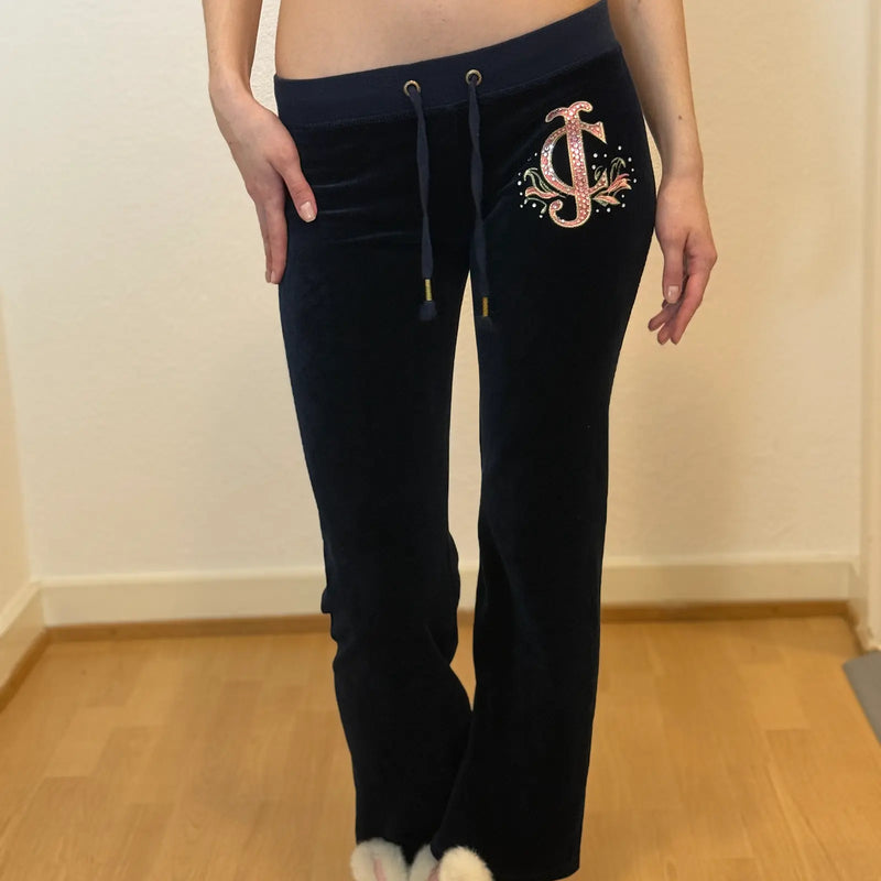 Vintage Y2K Juicy Couture Navy Velour Pants – Rhinestone J (XS/S)