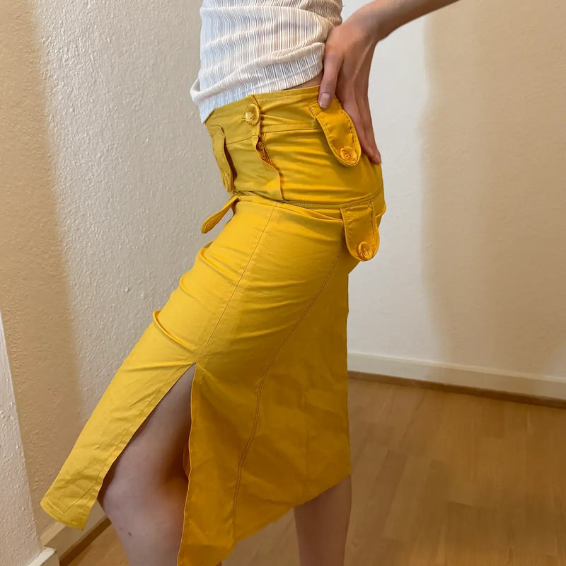 Vintage Y2K Yellow Utility Midi Skirt (S)