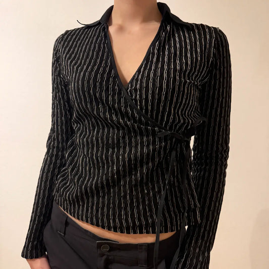 Y2K Black Silver Striped Wrap Tie Long Sleeve Top – Vintage 2000s (S)