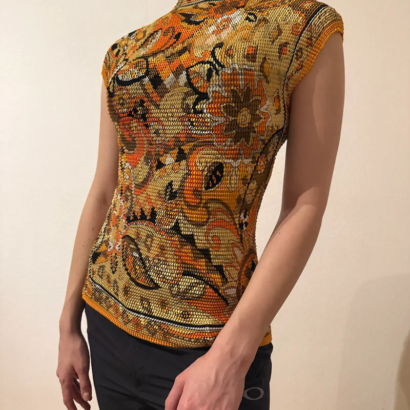 Orange Paisley Floral Shimmer Sleeveless Top – Vintage 2000s (S)