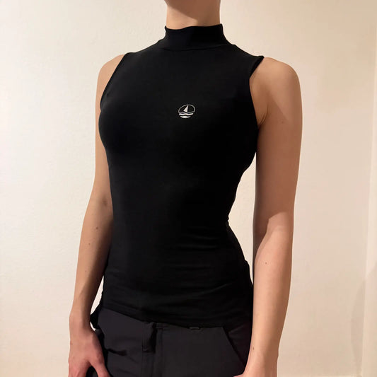 Y2K Black Mock Neck Sleeveless Top with Sailboat Logo – Vintage 2000s Sporty (S)