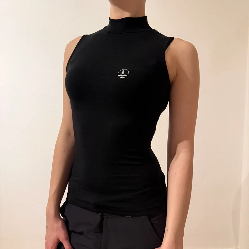 Y2K Black Mock Neck Sleeveless Top with Sailboat Logo – Vintage 2000s Sporty (S)